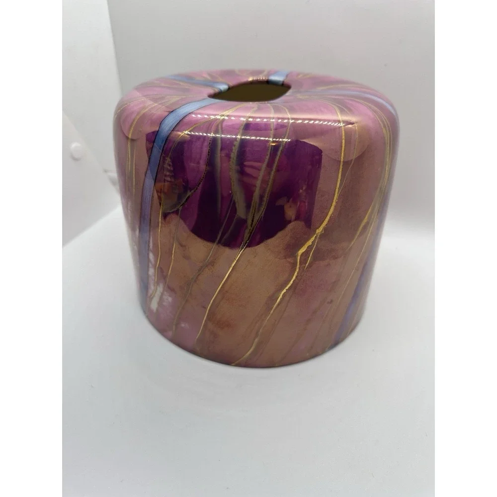 Hand Painted Ceramic Tissue Box Cover 24K Gold Accents Purple Art Pottery‎